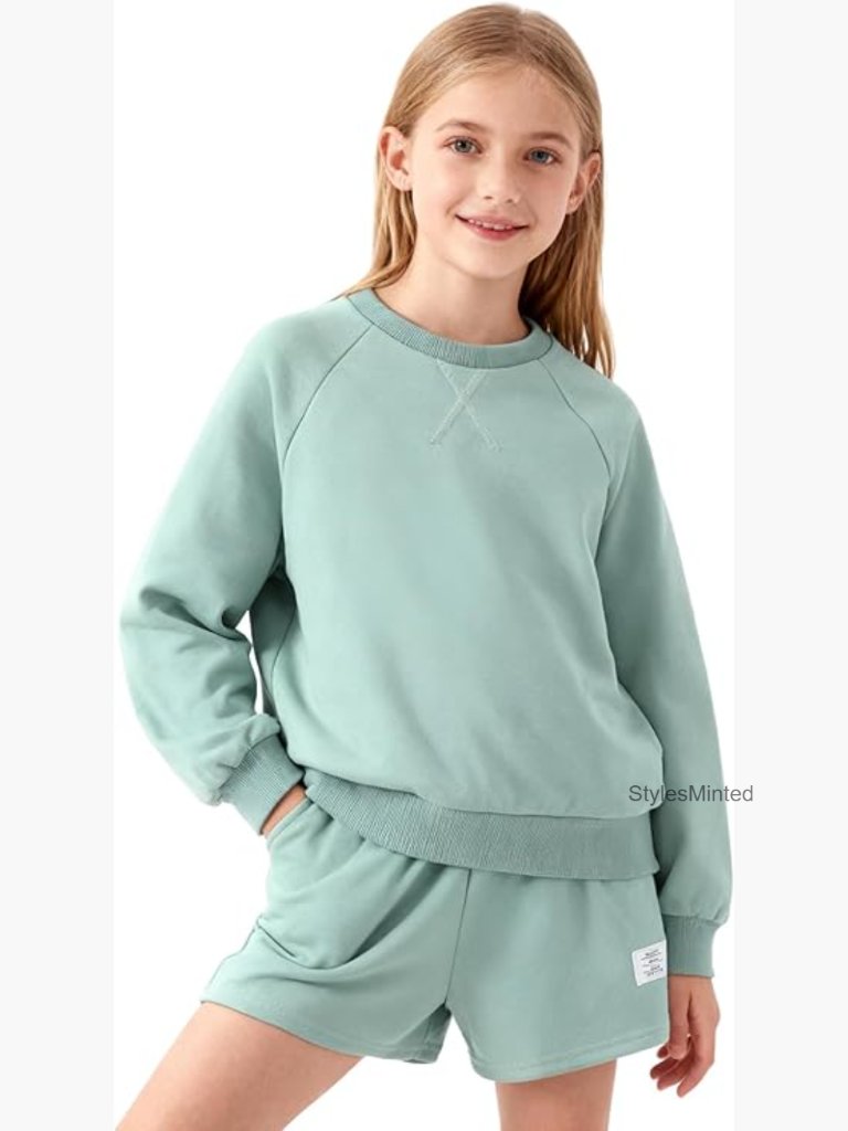 Girls 2 Piece Sweatshort Set 8-14y Crewneck Lounge Pockets